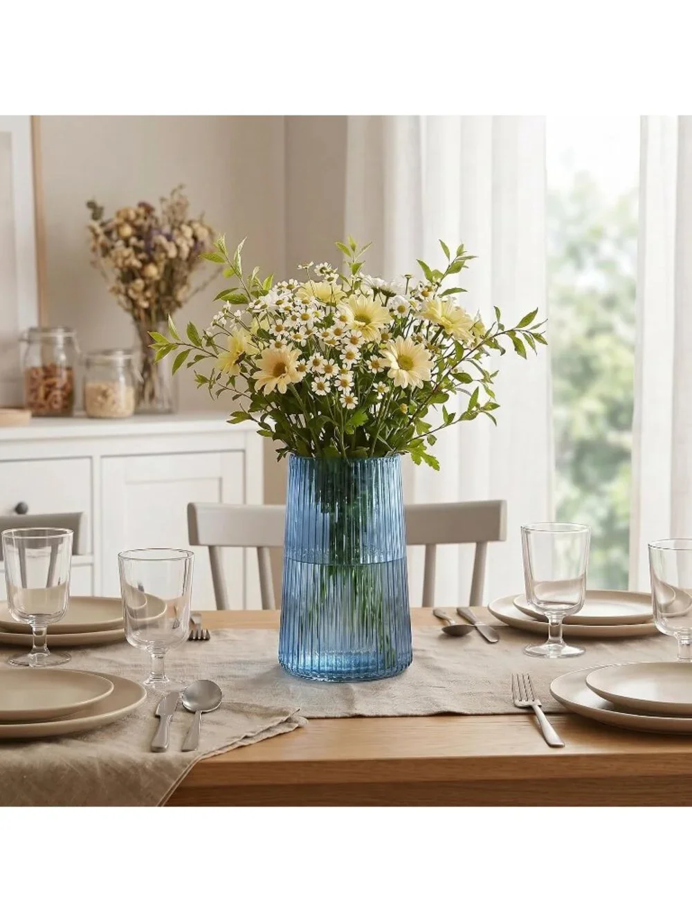 8 Inches Modern Blue Glass Vase Flower Bouquet Living Room Bedroom Home Deco